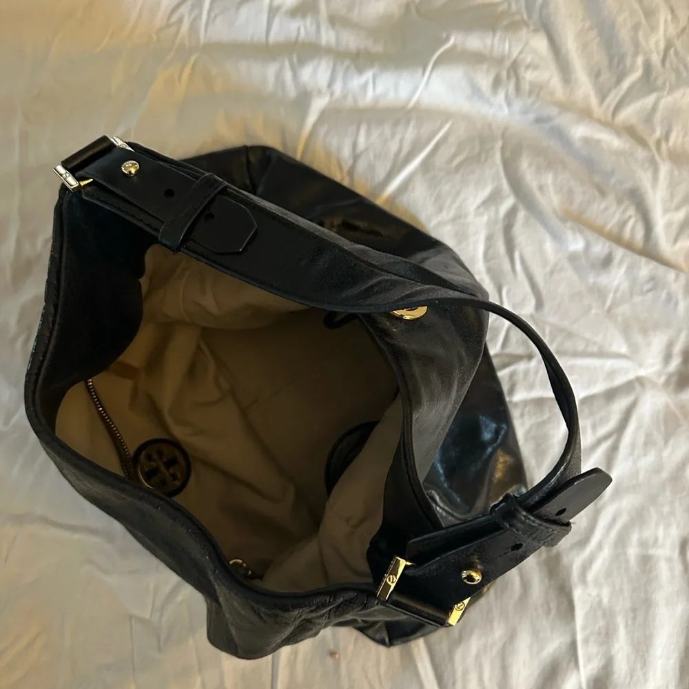 Tory Burch Dena Black Glazed Leather Hobo Shoulder Bag